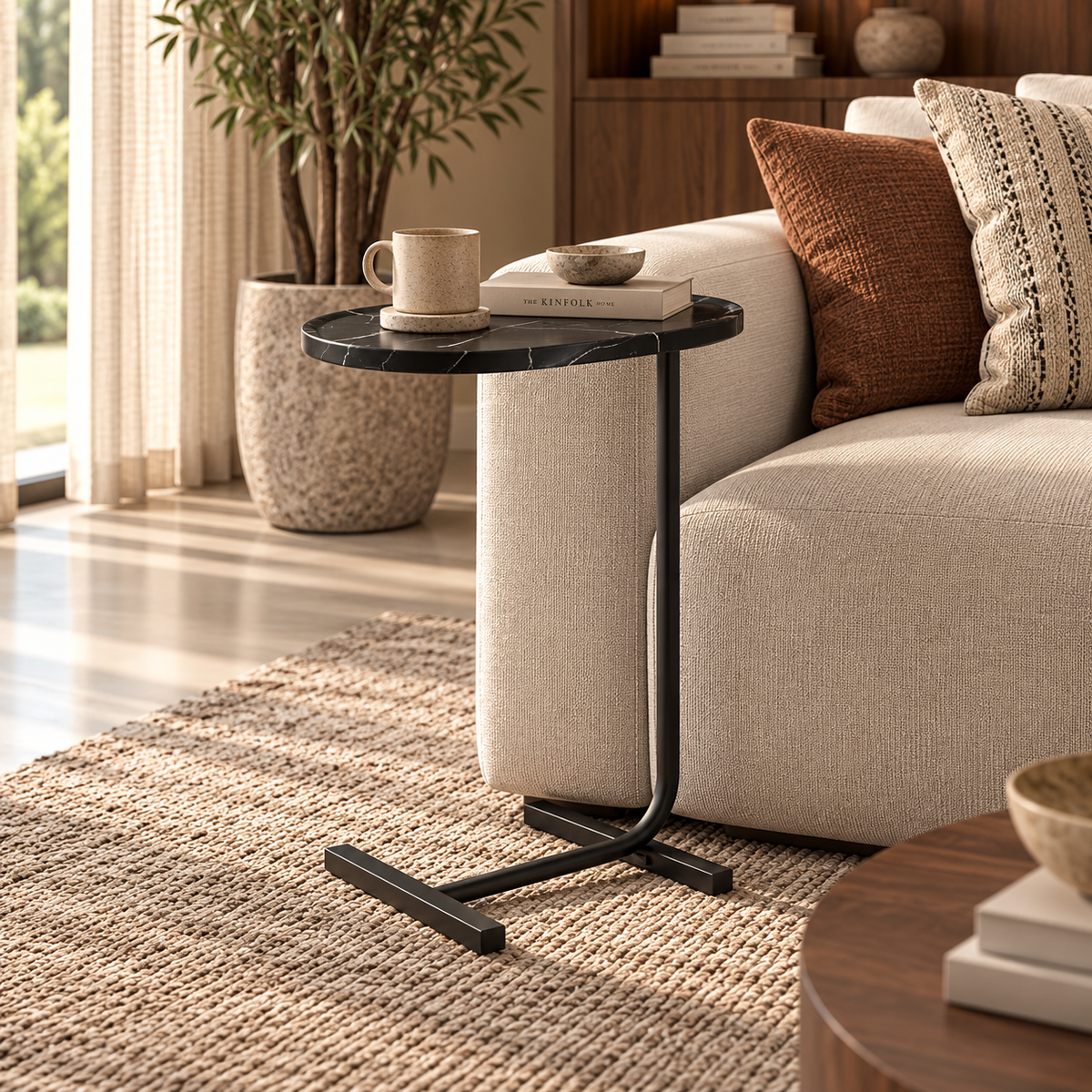 MARLO Black Marble-Effect C-Shaped Side Table