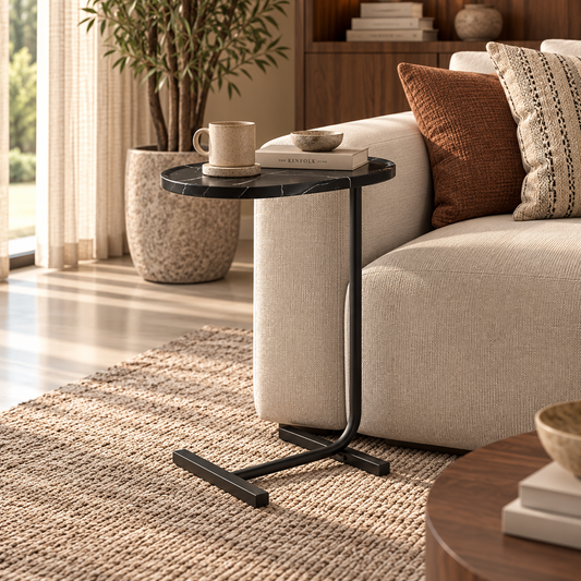 MARLO Black Marble-Effect C-Shaped Side Table