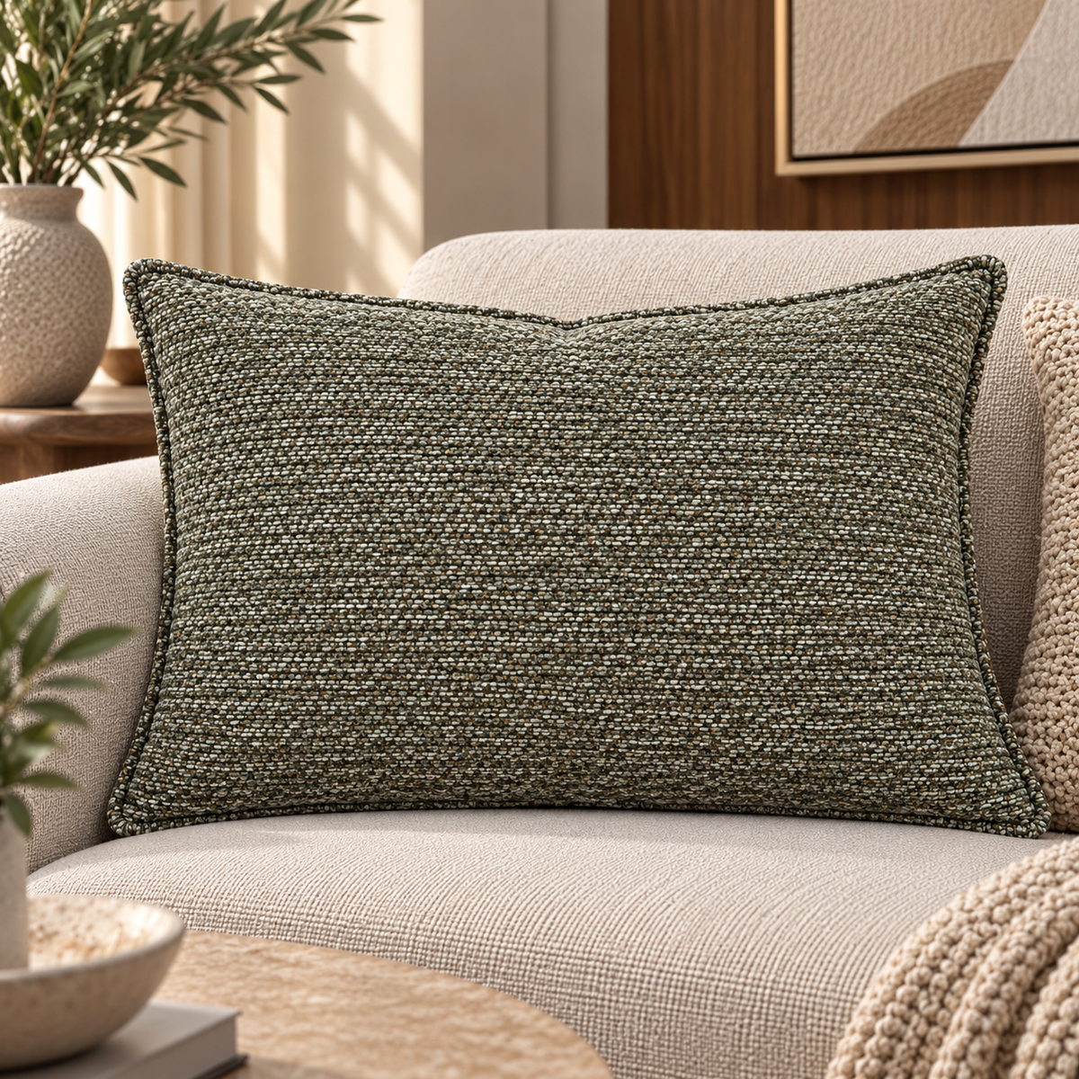 Textured Rectangular Decorative Cushion – Olive Green – 45 × 60 cm