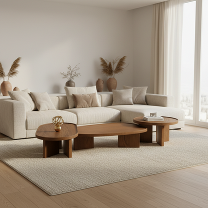 Set of three wooden tables on a gray background